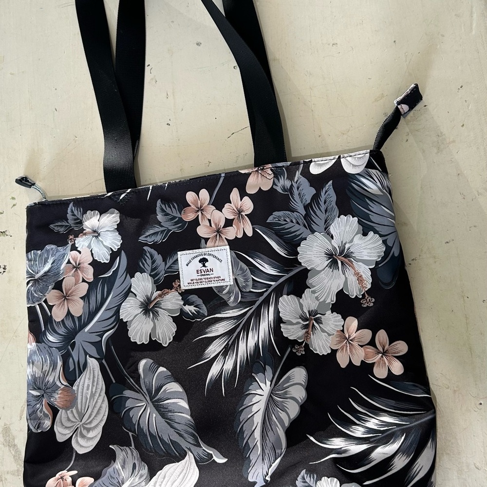 ESVAN Original Floral Water Resistant‎ Large Tote Bag Shoulder Bag Black Leaves